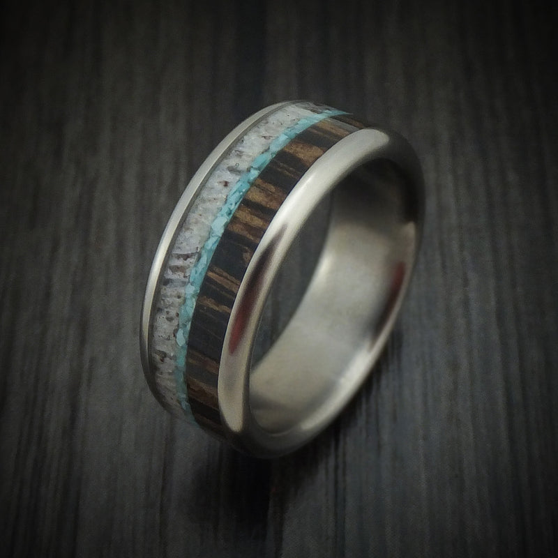 Titanium and Elk Antler Ring with Black Palm Wood and Turquoise Inlays Custom Made