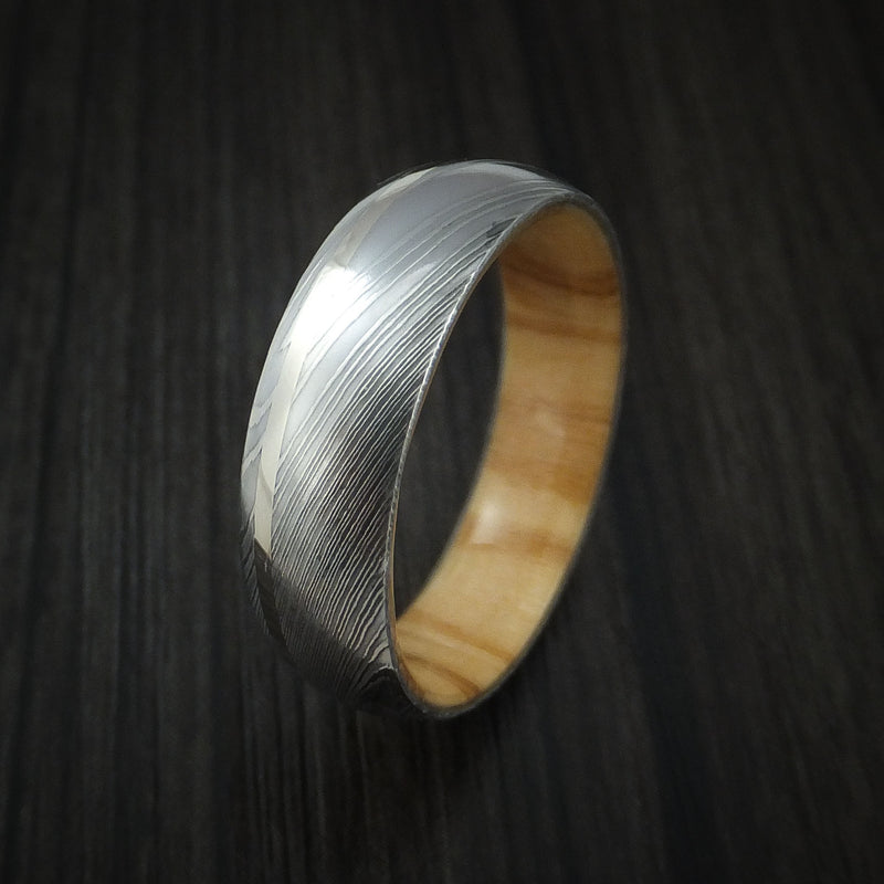 Damascus Steel Ring with 14k White Gold Inlay and Olive Wood Hardwood Interior Sleeve Custom Made Band