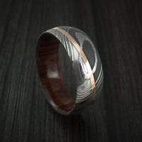 Damascus Steel Diagonal 14K Rose Gold Ring with Hardwood Sleeve Wedding Band Custom Made