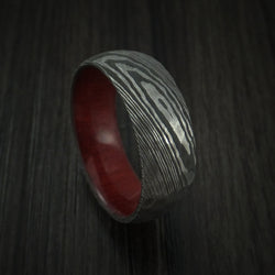 Damascus Steel Hammered Ring with Red Heart Wood Sleeve Custom Made