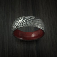 Damascus Steel Hammered Ring with Red Heart Wood Sleeve Custom Made