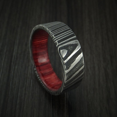 Kuro Damascus Steel Ring with Red Heart Wood Hardwood Sleeve Custom Made Wood Band