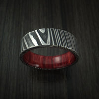 Kuro Damascus Steel Ring with Red Heart Wood Hardwood Sleeve Custom Made Wood Band