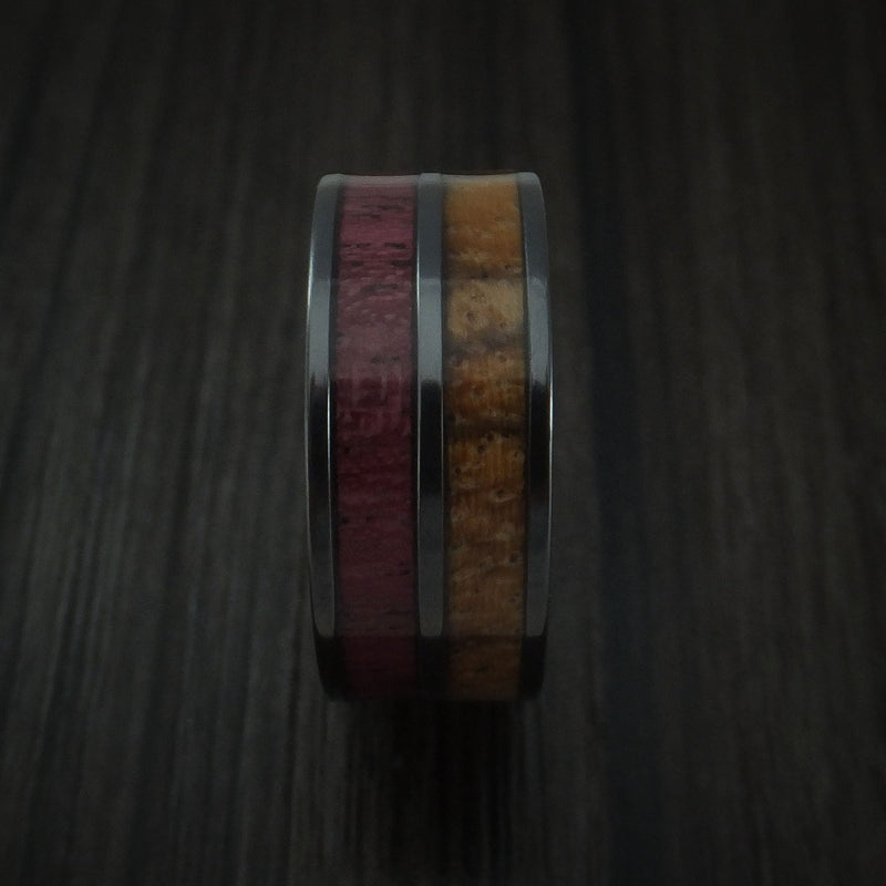 Wood Men's Ring and BLACK Titanium Men's Ring inlaid with Purple Heart Wood and Zebra Wood Custom Made