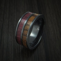 Wood Ring and BLACK ZIRCONIUM Ring inlaid with Purple Heart Wood and Zebra Wood Custom Made to Any Size