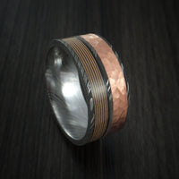 Damascus Steel Ring with Guitar String and Hammered Copper Inlays Custom Made Band