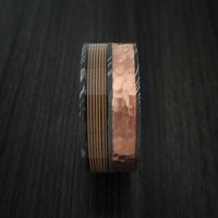 Damascus Steel Ring with Guitar String and Hammered Copper Inlays Custom Made Band