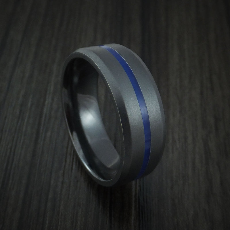 Black Titanium Men's Ring with Center Blue Inlay Wedding Band Genuine Craftsmanship