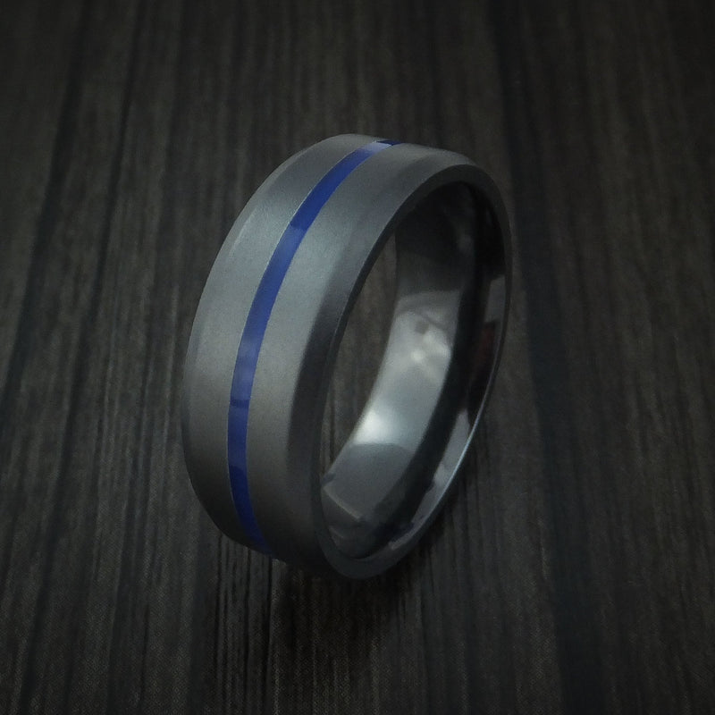 Black Titanium Men's Ring with Center Blue Inlay Wedding Band Genuine Craftsmanship