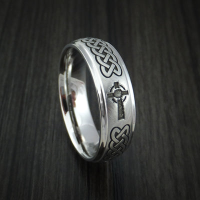 Cobalt Chrome Celtic Band Irish Knot Cross Ring Carved Pattern Design