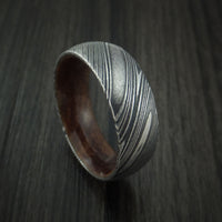 Kuro Damascus Steel Ring with Ancient Kauri Hardwood Sleeve Custom Made Wood Band