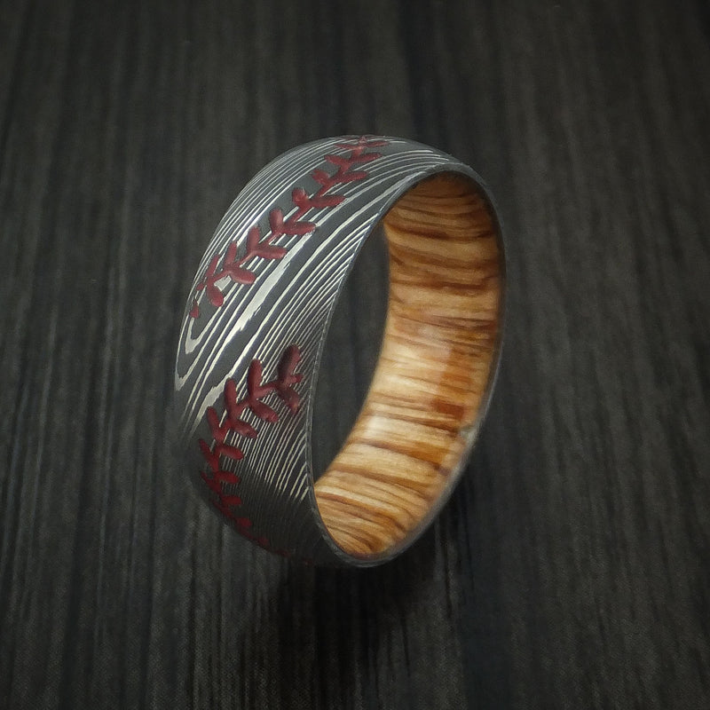 Damascus Steel Double Stitch Baseball Men's Ring with Custom Color and Hardwood Sleeve