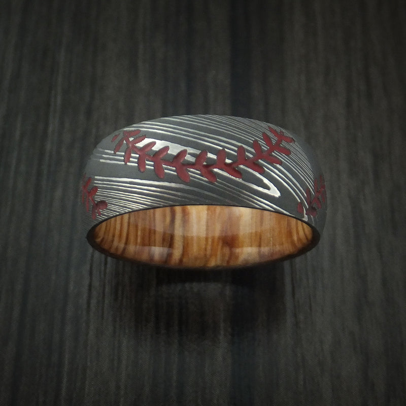 Damascus Steel Double Stitch Baseball Men's Ring with Custom Color and Hardwood Sleeve