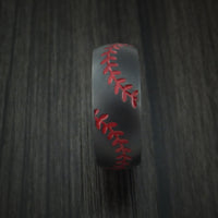 Black Titanium Double Stitch Baseball Men's Ring with Custom Color and Hardwood Sleeve