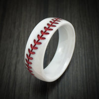White Ceramic Ring with Baseball Stitching and Cerakote Inlay Custom Made Band