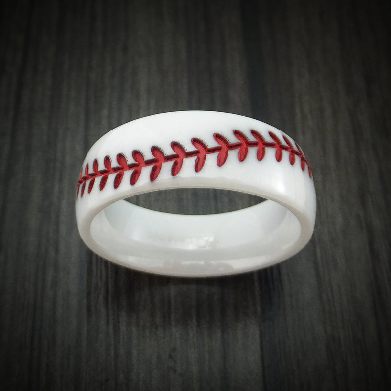 White Ceramic Ring with Baseball Stitching and Cerakote Inlay Custom Made Band