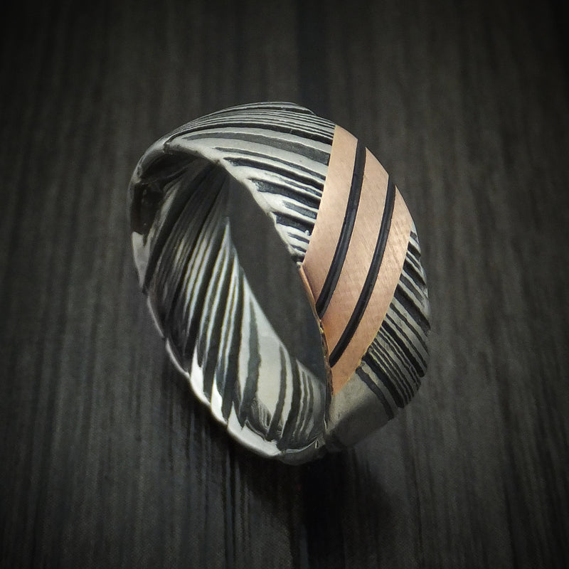 Kuro Damascus Steel Ring with Angled 14K Gold Custom Made Band