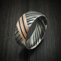 Kuro Damascus Steel Ring with Angled 14K Gold Custom Made Band