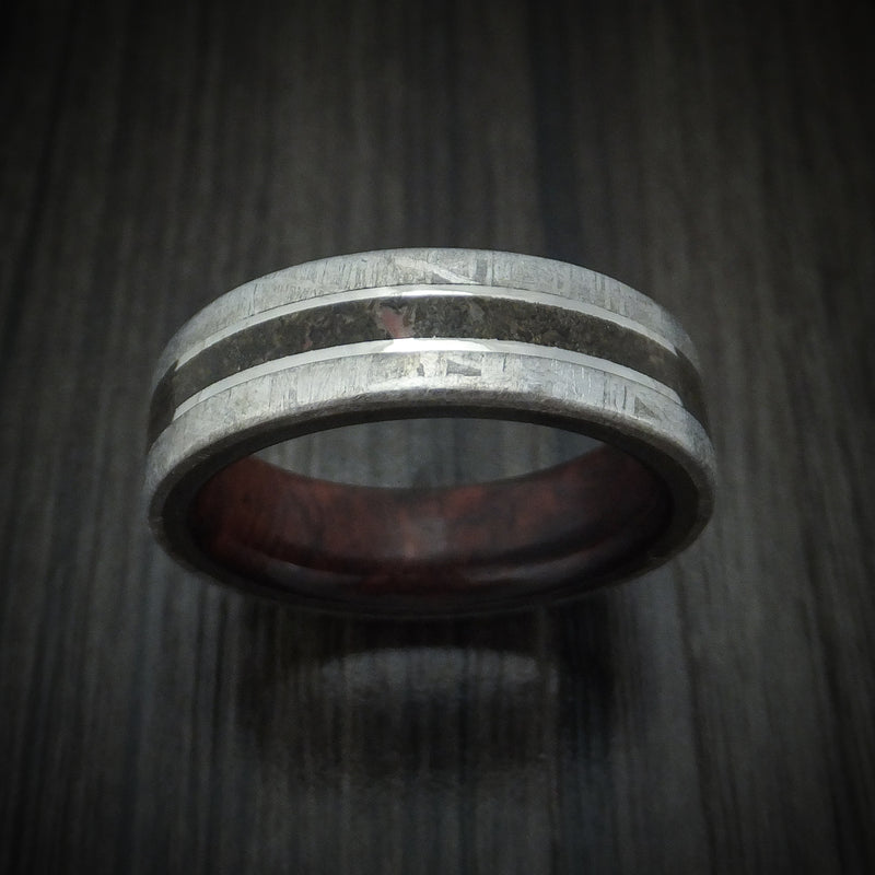 Titanium Ring with Dinosaur Bone and Gibeon Meteorite with Wood Sleeve Custom Made Band