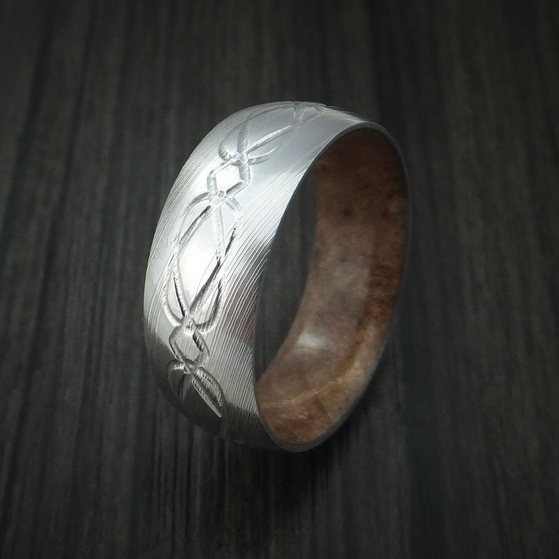 Damascus Steel Celtic Knot Ring Infinity Design with Maple Burl Sleeve