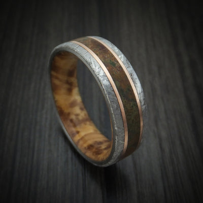 Gibeon Meteorite and Dinosaur Ring with 14k Rose Gold and Wood Sleeve Custom Made