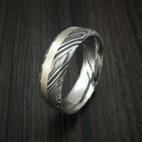 Kuro Damascus Steel and 14k White Gold Ring Custom Made Band