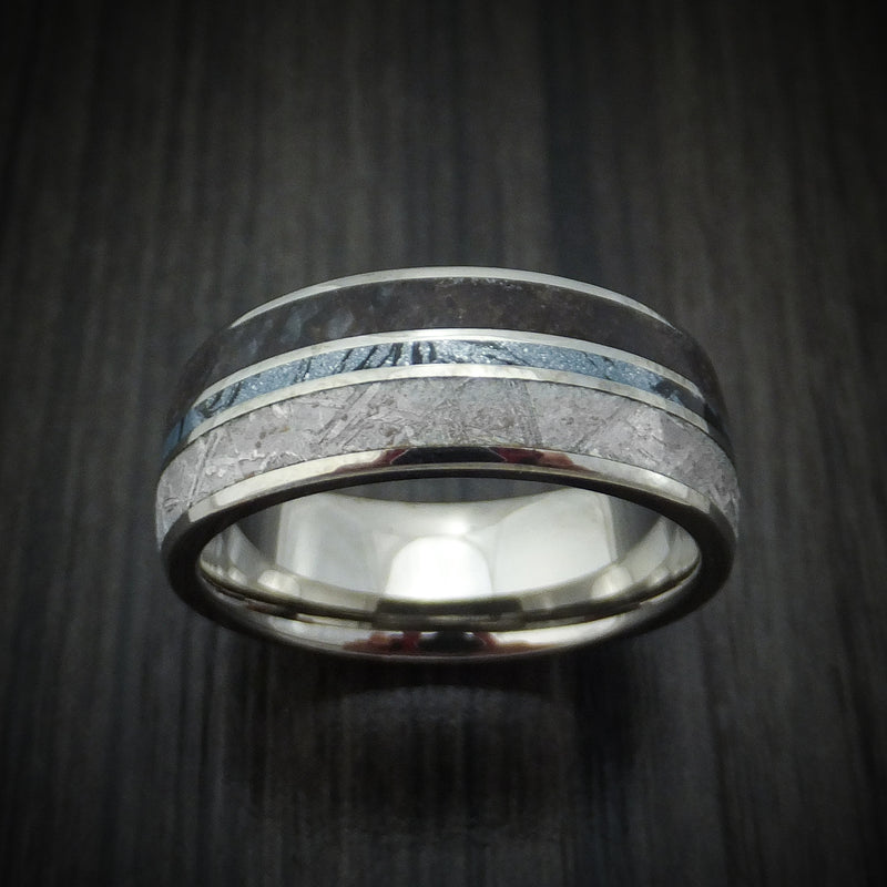 Titanium Ring with Dinosaur Bone and Gibeon Meteorite and M3 Mokume Inlay Custom Made Band