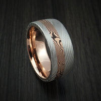 Damascus Steel and Mokume Ring with Rose Gold Sleeve Wedding Band Custom Made