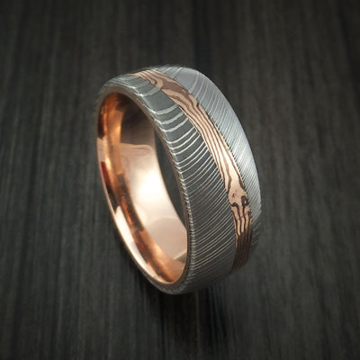 Damascus Steel Ring with Diagonal Rose Gold Mokume Shakudo Inlay and Gold Sleeve Custom Made