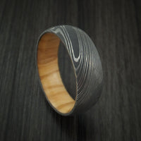 Damascus Steel Ring with OLIVE WOOD Hardwood Interior Sleeve Custom Made