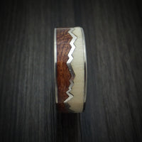 Titanium with Silver Mountain Design Ring with Two-Tone Wood Inlays Custom Made