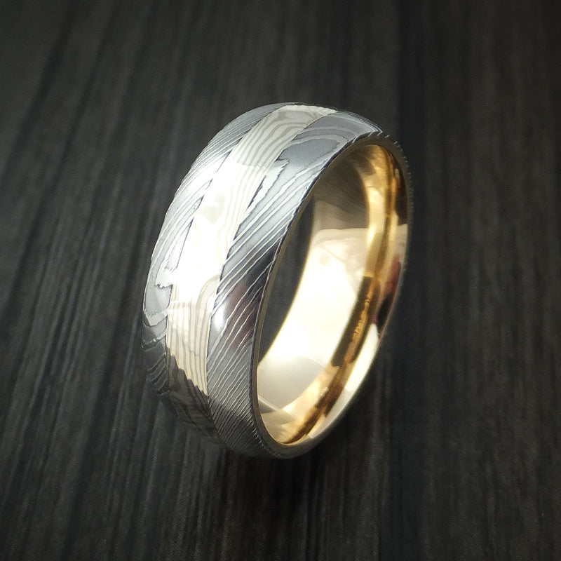 Damascus Steel and Mokume Ring with Yellow Gold Sleeve Wedding Band Custom Made