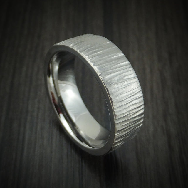 Titanium men’s ring with a tree bark finish on a flat band, custom made