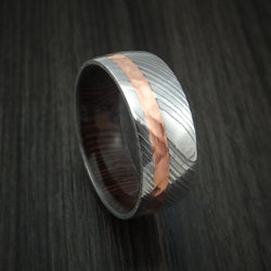 Damascus Steel and Hammered Copper Ring with WENGE Wood Hardwood Sleeve Custom Made