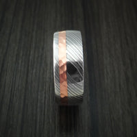 Damascus Steel and Hammered Copper Ring with WENGE Wood Hardwood Sleeve Custom Made