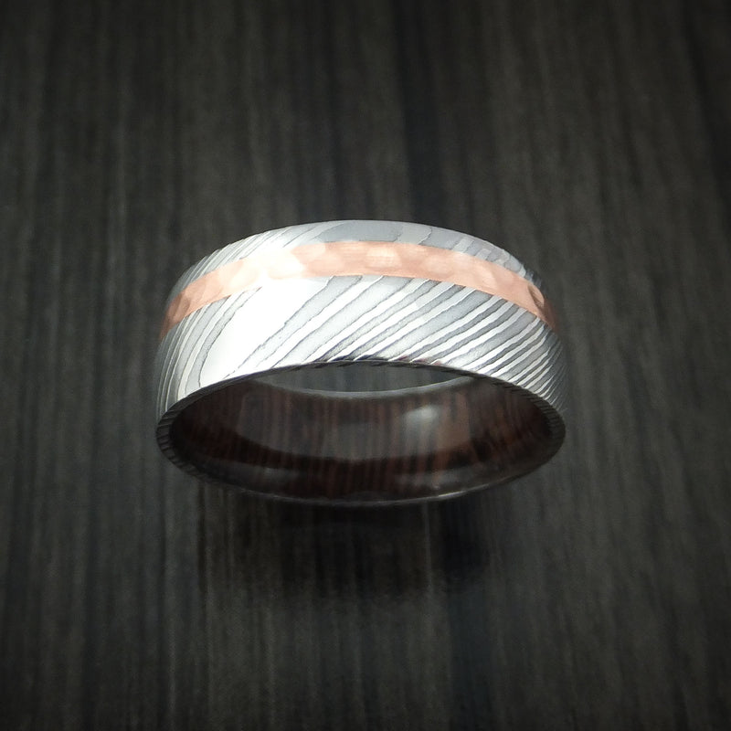 Damascus Steel and Hammered Copper Ring with WENGE Wood Hardwood Sleeve Custom Made
