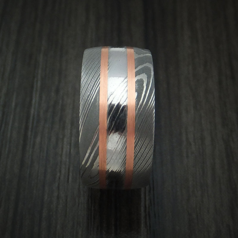 Damascus Steel Ring with Copper Inlays and Hazelnut Hard Wood Sleeve