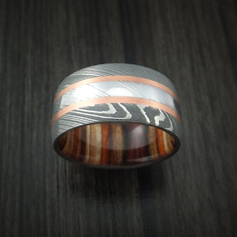 Damascus Steel Ring with Copper Inlays and Hazelnut Hard Wood Sleeve