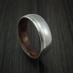 Damascus Steel Ring with 14k White Gold Inlay and Hardwood Interior Sleeve Custom Made Band