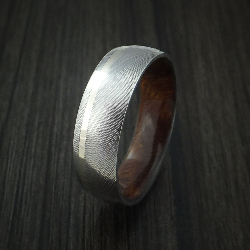 Damascus Steel Ring with 14k White Gold Inlay and Hardwood Interior Sleeve Custom Made Band