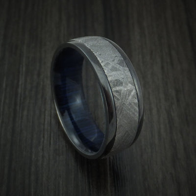 Black Titanium Ring with Gibeon Meteorite and Hardwood Sleeve Custom Made Band