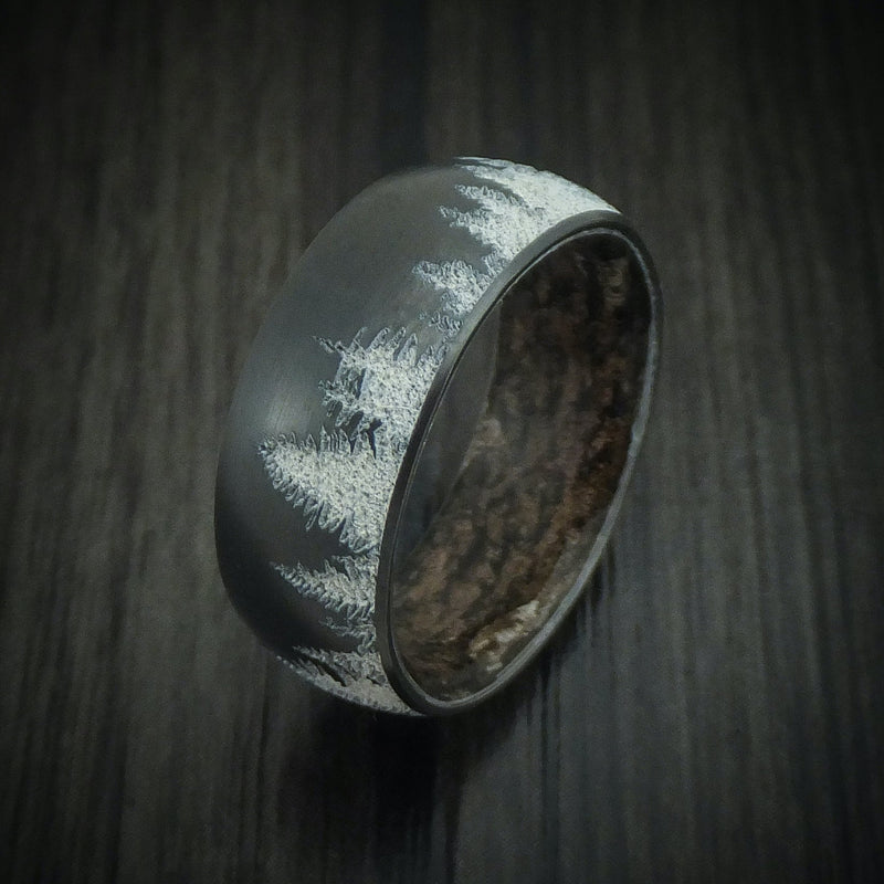 Black Titanium Spruce Pine Tree Men's Ring with Camo Sleeve Custom Made Wedding Band