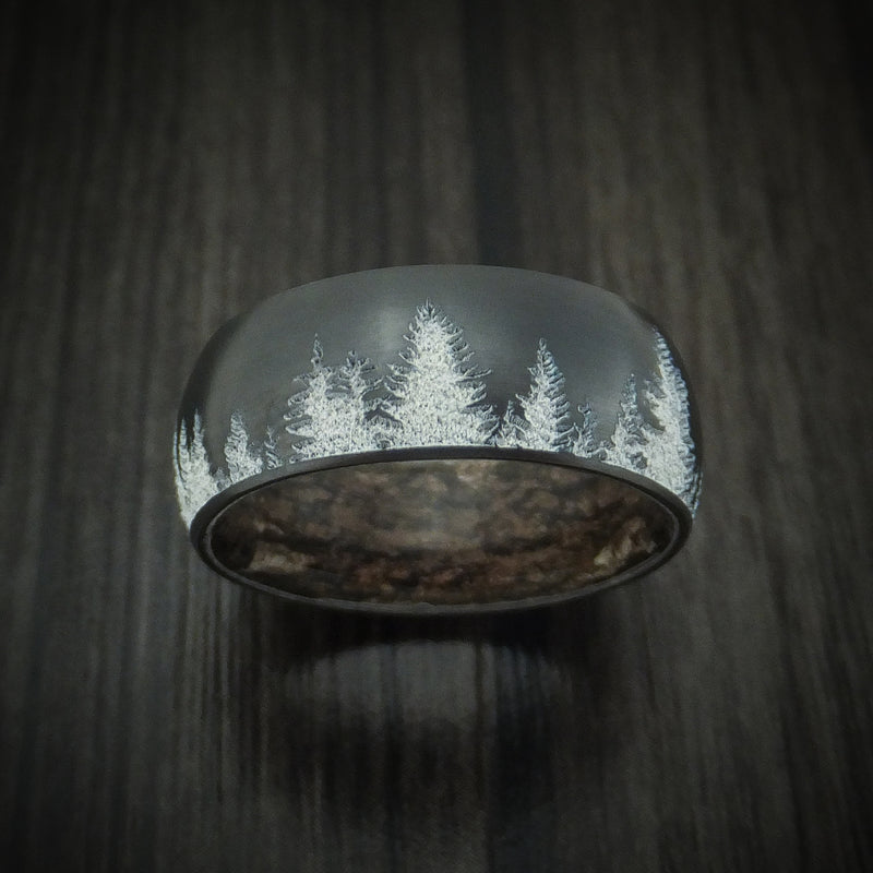 Black Zirconium Spruce Pine Tree Men's Ring with Camo Sleeve Custom Made Wedding Band
