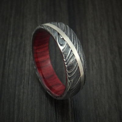 Kuro Damascus Steel Diagonal 14K White Gold Ring Wedding Band Wood Sleeve Custom Made