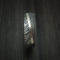 Kuro Damascus Steel Diagonal 14K White Gold Ring Wedding Band Wood Sleeve Custom Made