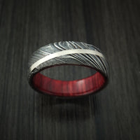 Kuro Damascus Steel Diagonal 14K White Gold Ring Wedding Band Wood Sleeve Custom Made