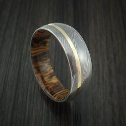 Damascus Steel Ring with 14k Yellow Gold Inlay and Bocote Hardwood Interior Sleeve Custom Made Band