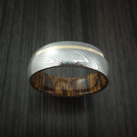 Damascus Steel Ring with 14k Yellow Gold Inlay and Bocote Hardwood Interior Sleeve Custom Made Band
