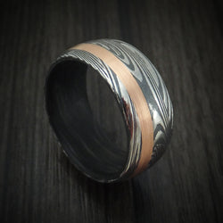 Sunset Kuro Damascus Steel Ring with Gold Inlay and Forged Carbon Fiber Sleeve