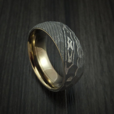 Damascus Steel Ring with Rock Hammer Finish and Anodized Titanium Sleeve Custom Made